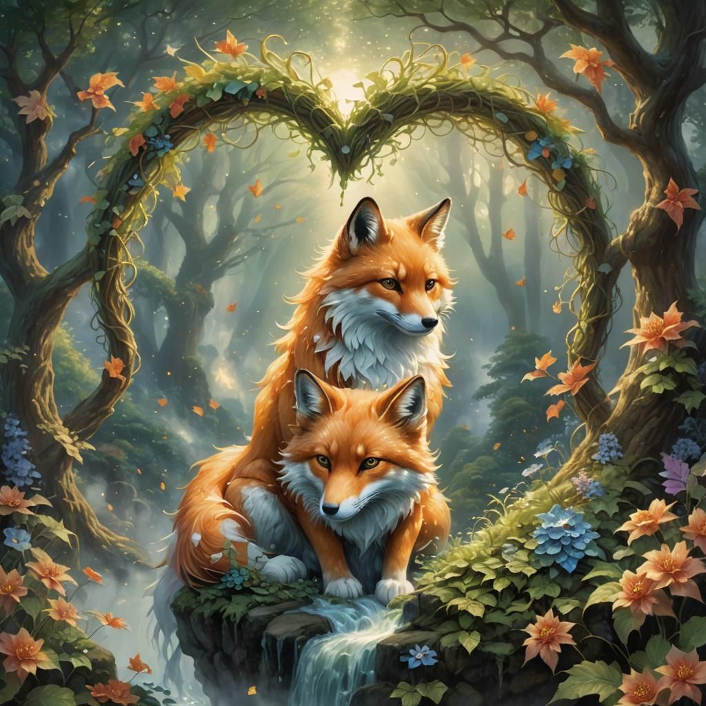 Ethereal Kitsune in Leafy Heart, Fantasy Art