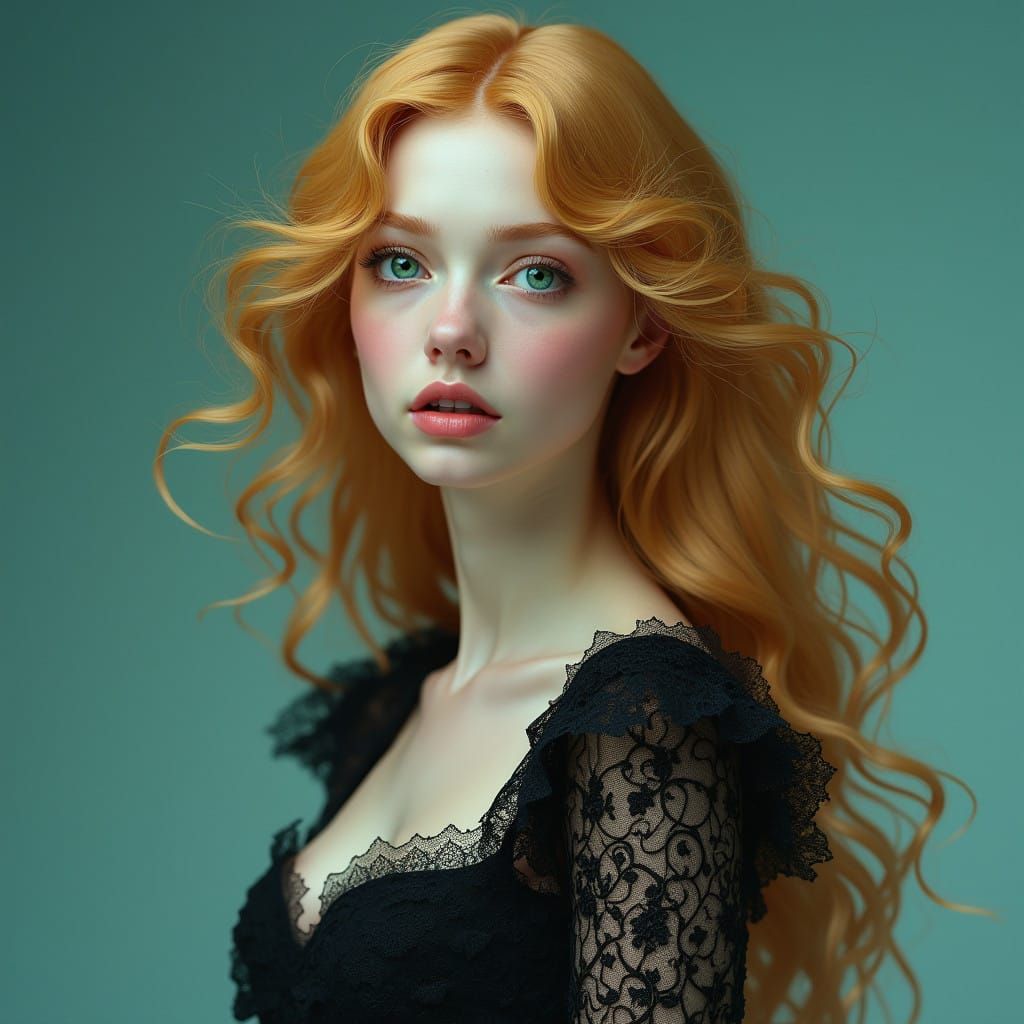 Ethereal French Lady in Black Lace Gown with Golden Hair
