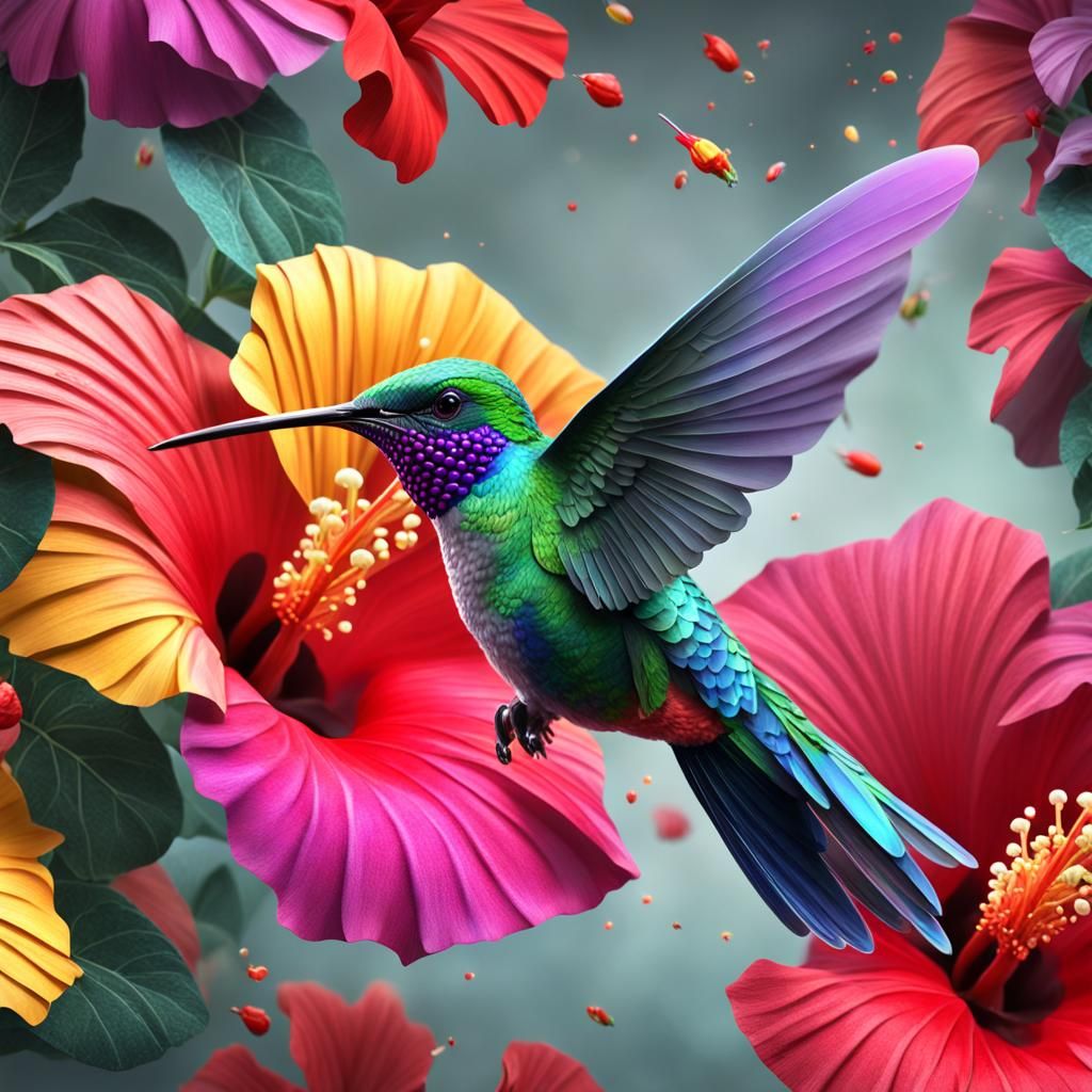 Hummingbird Feeds on Hibiscus: Photorealistic Art