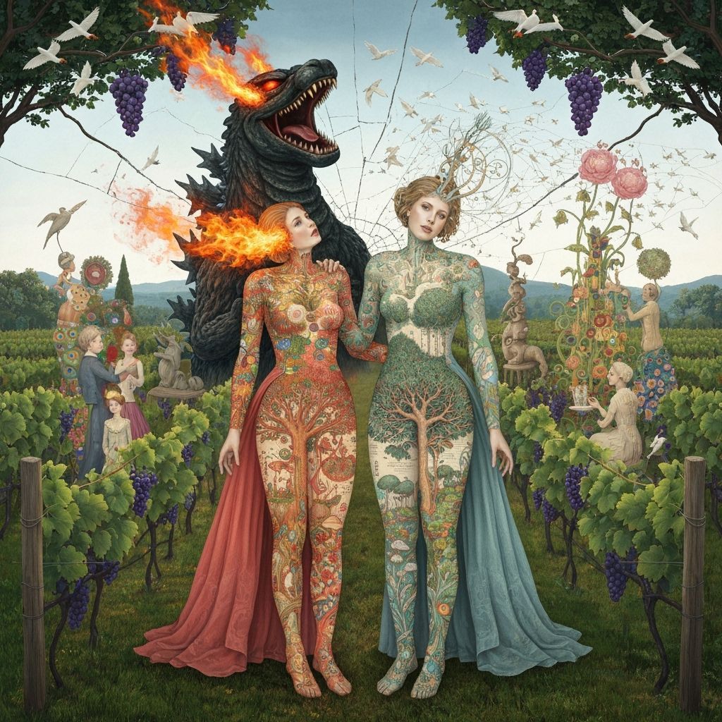 Godzilla Scorches Vineyards in Surreal Dark Fantasy