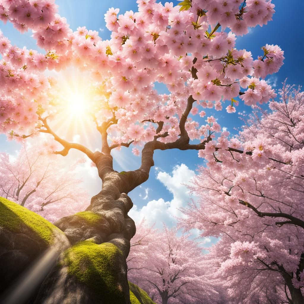 Radiant Sakura Scene in Divine Sunlight