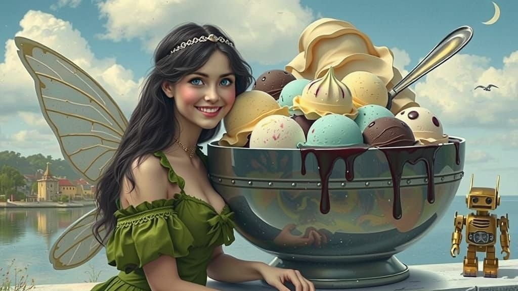 Fairy Woman with Ice Cream Bowl in Golden Hour Light
