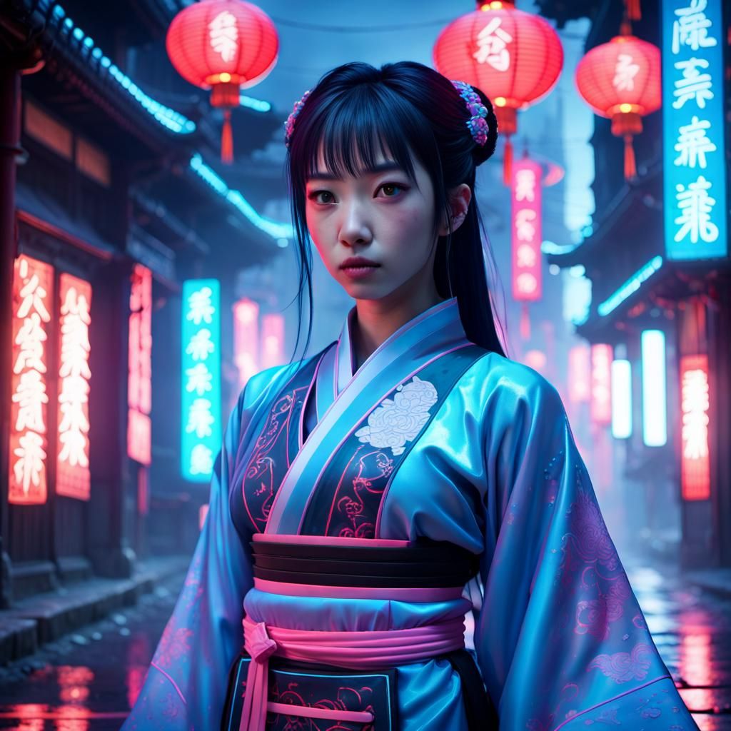 Cyberpunk Hanfu: Neon-Lit Alleyway in Cyber Chinese Style