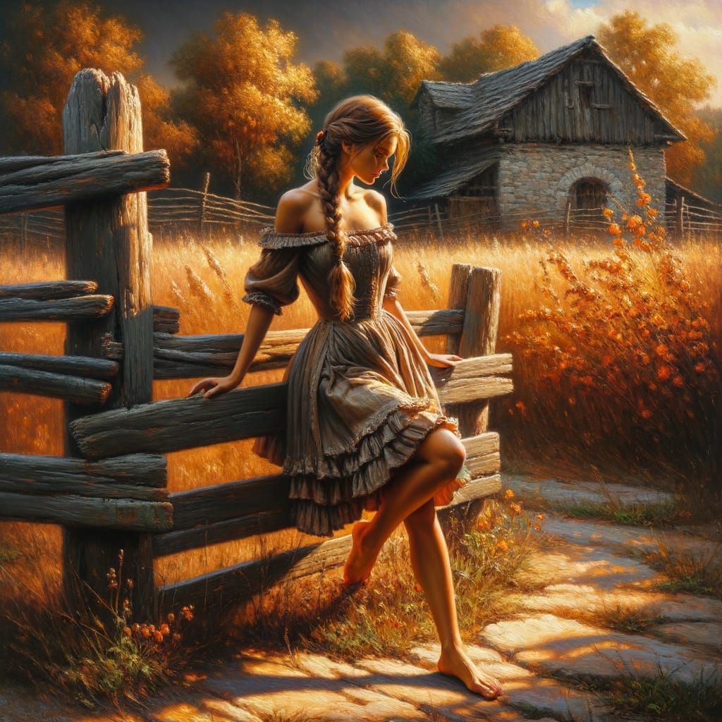 Oil Painting of Woman by Fence in Golden Hour Light