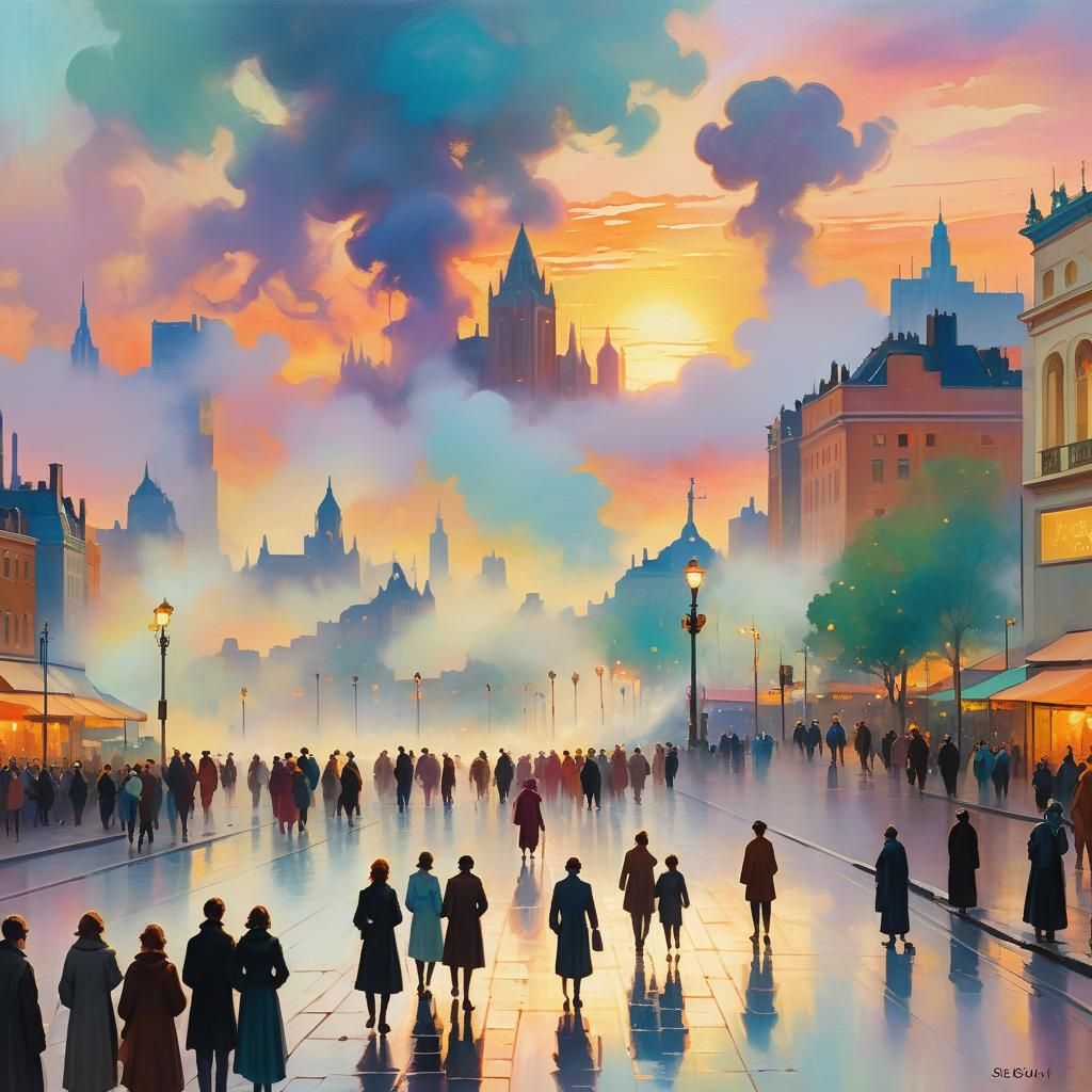 Neo-Impressionist Cityscape with Diverse Crowd