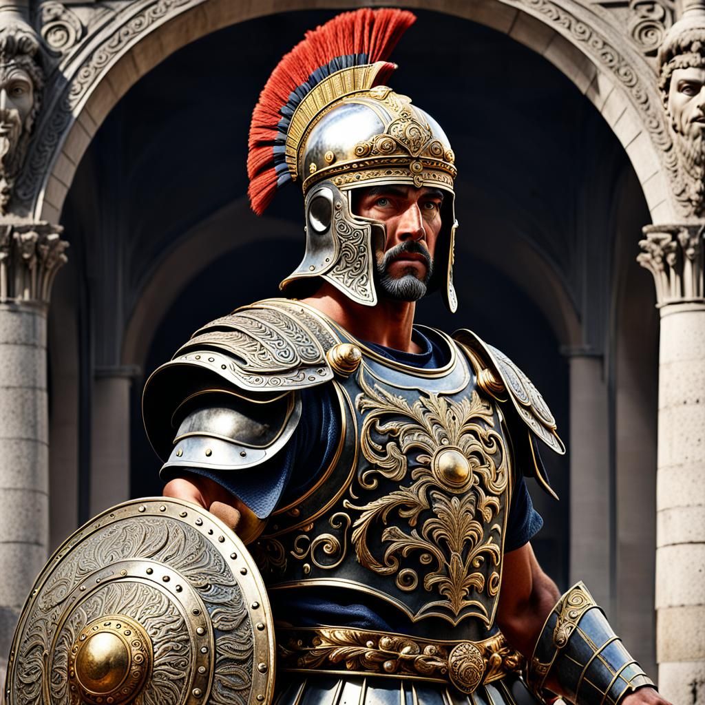 Ornate Helmeted Roman Warrior Digital Rendering