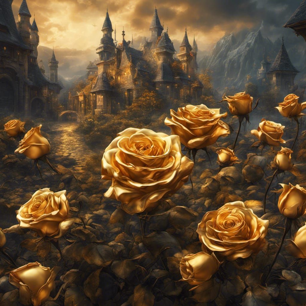 Golden Roses With Village in Detailed Matte Painting