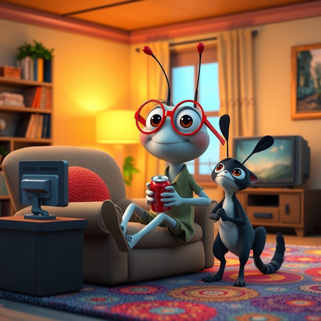 Pixar-Style Cartoon Bug in Cozy Living Room
