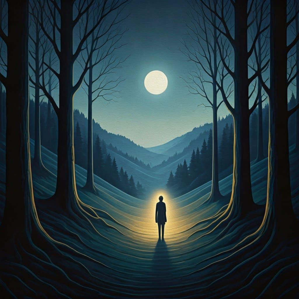 Ethereal Figure in Moonlit Landscape, in a Dreamy, Surreal S...