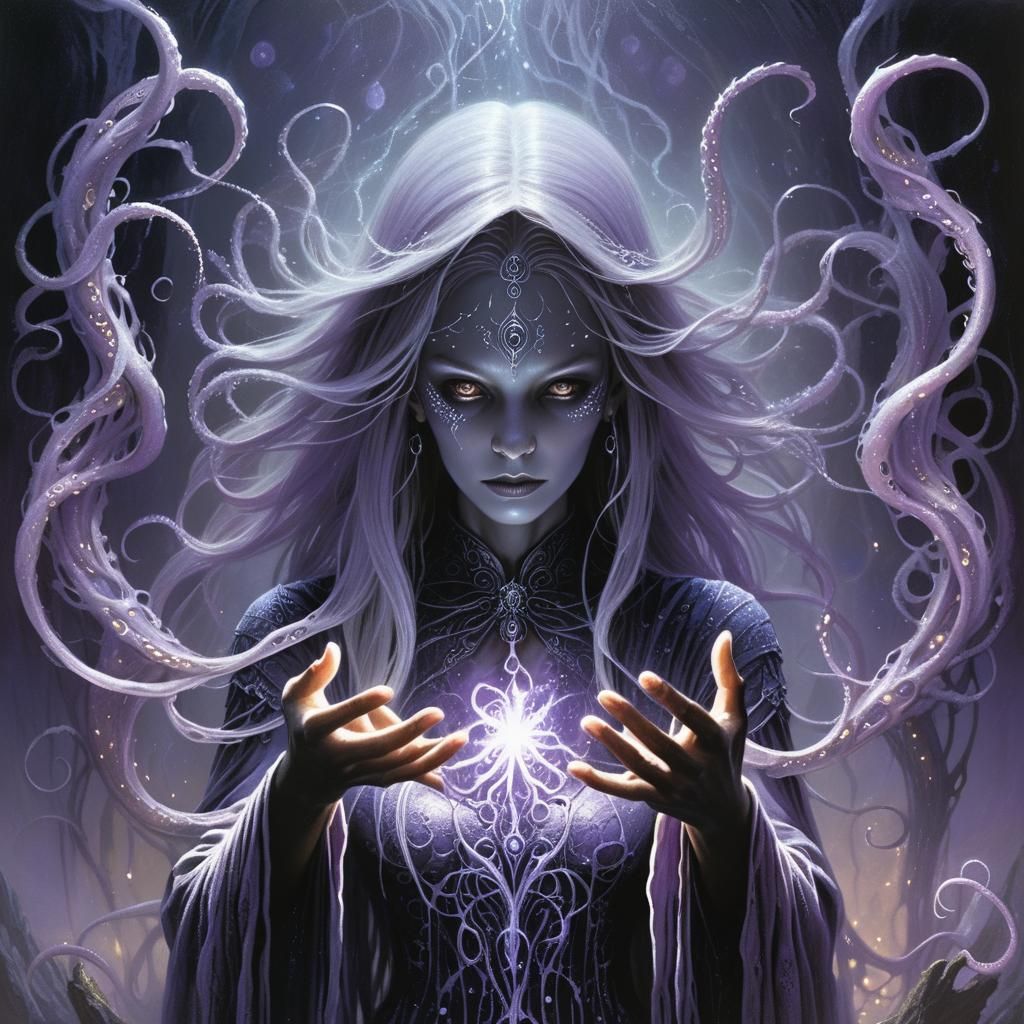 Drow Sorceress Casting Arms of Hadar Spell