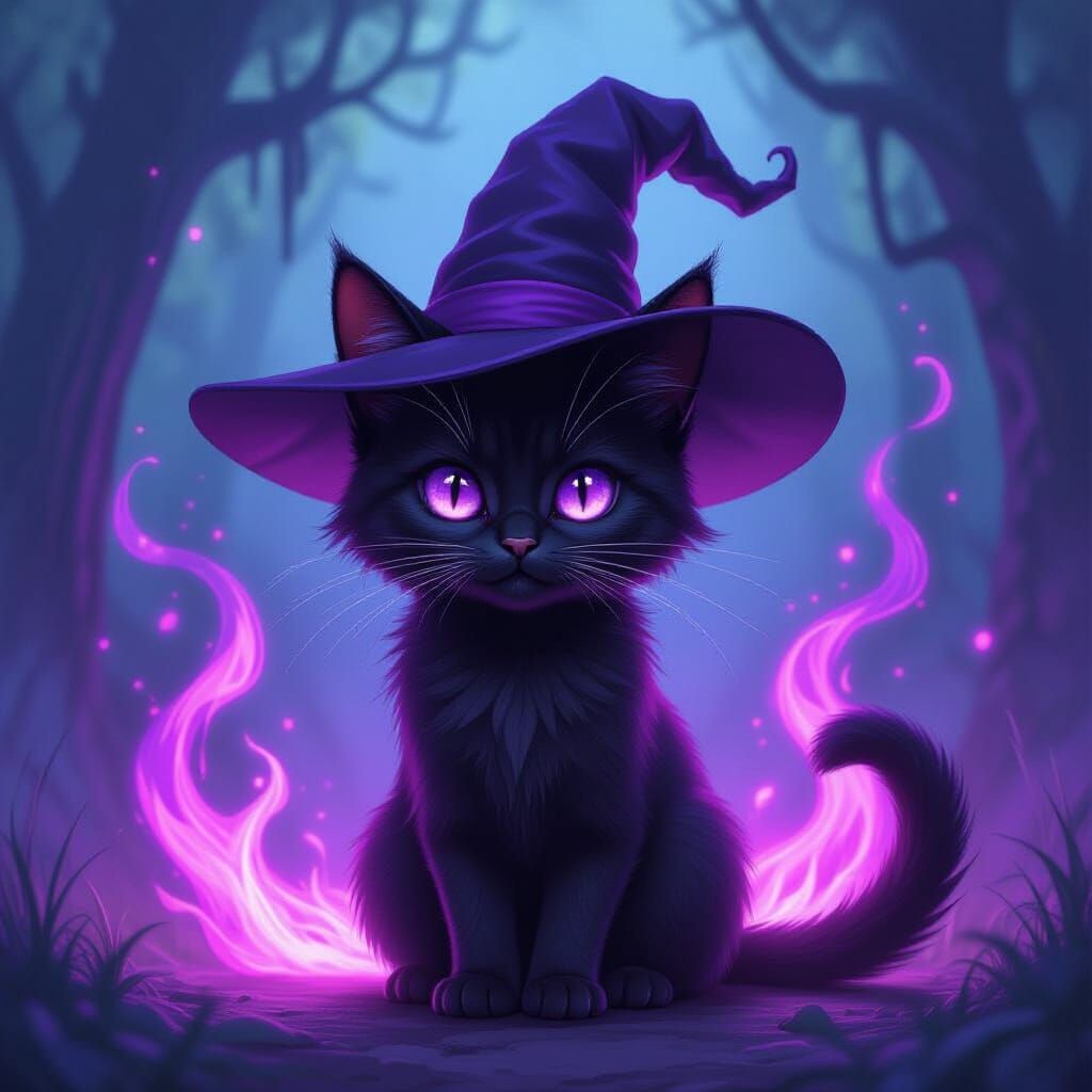 Demonic Black Cat Witch with Purple Aura
