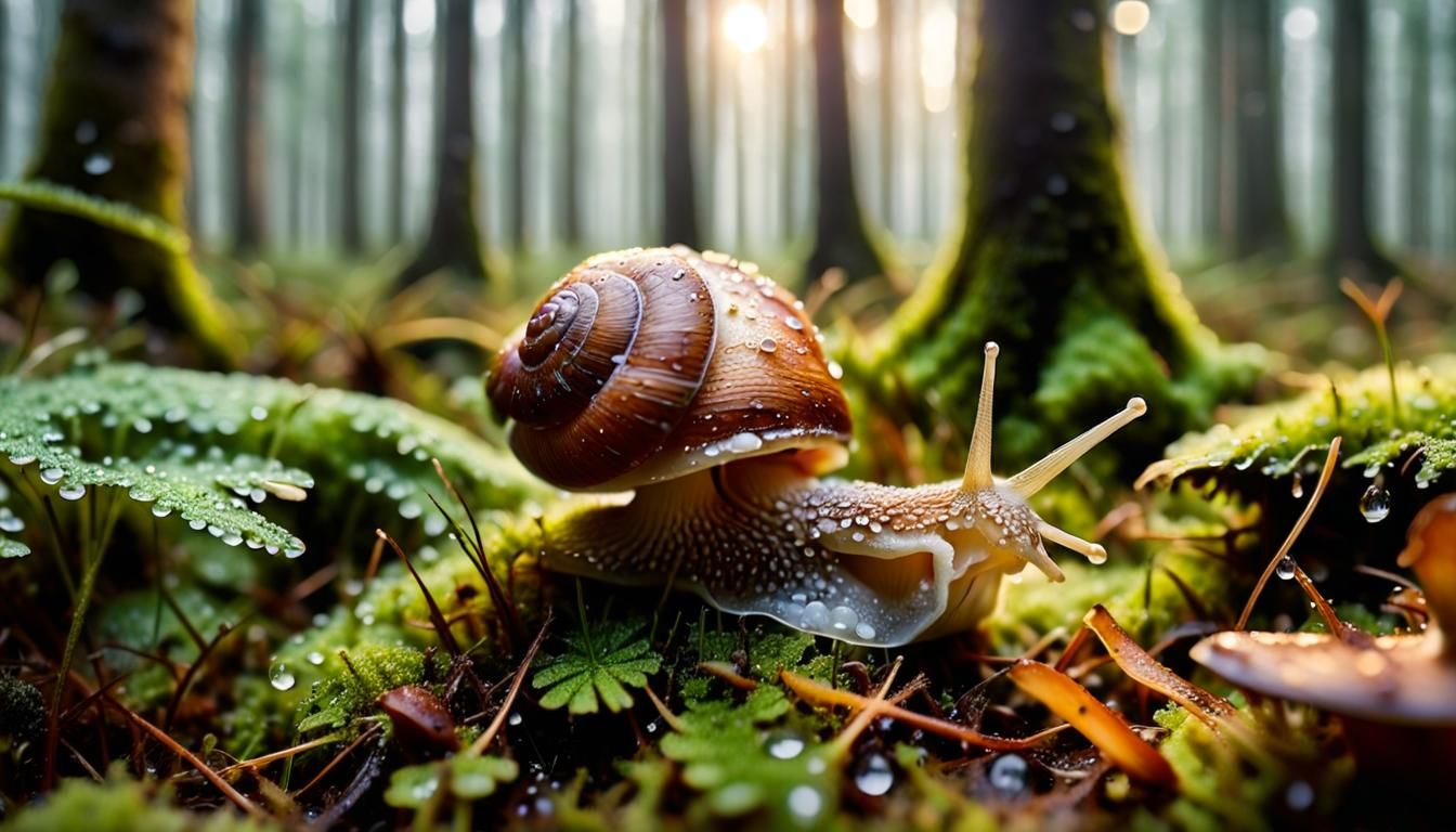 Snail on Mushroom Cap in Forest, Vivid Digital Art