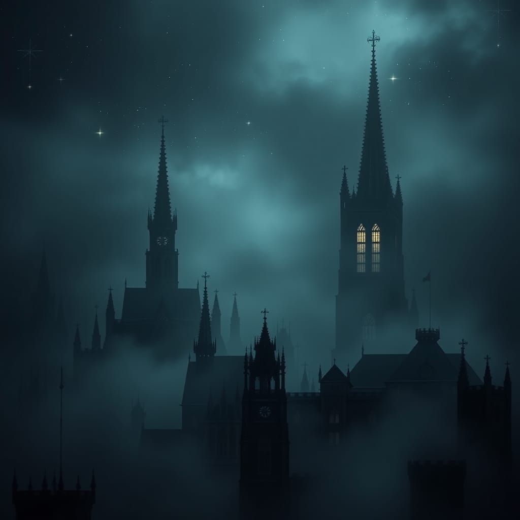Mystical Foggy Metropolis at Night in Gothic Style