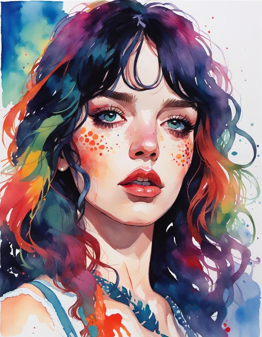 Bohemian Pin-Up Girl in Watercolor Style