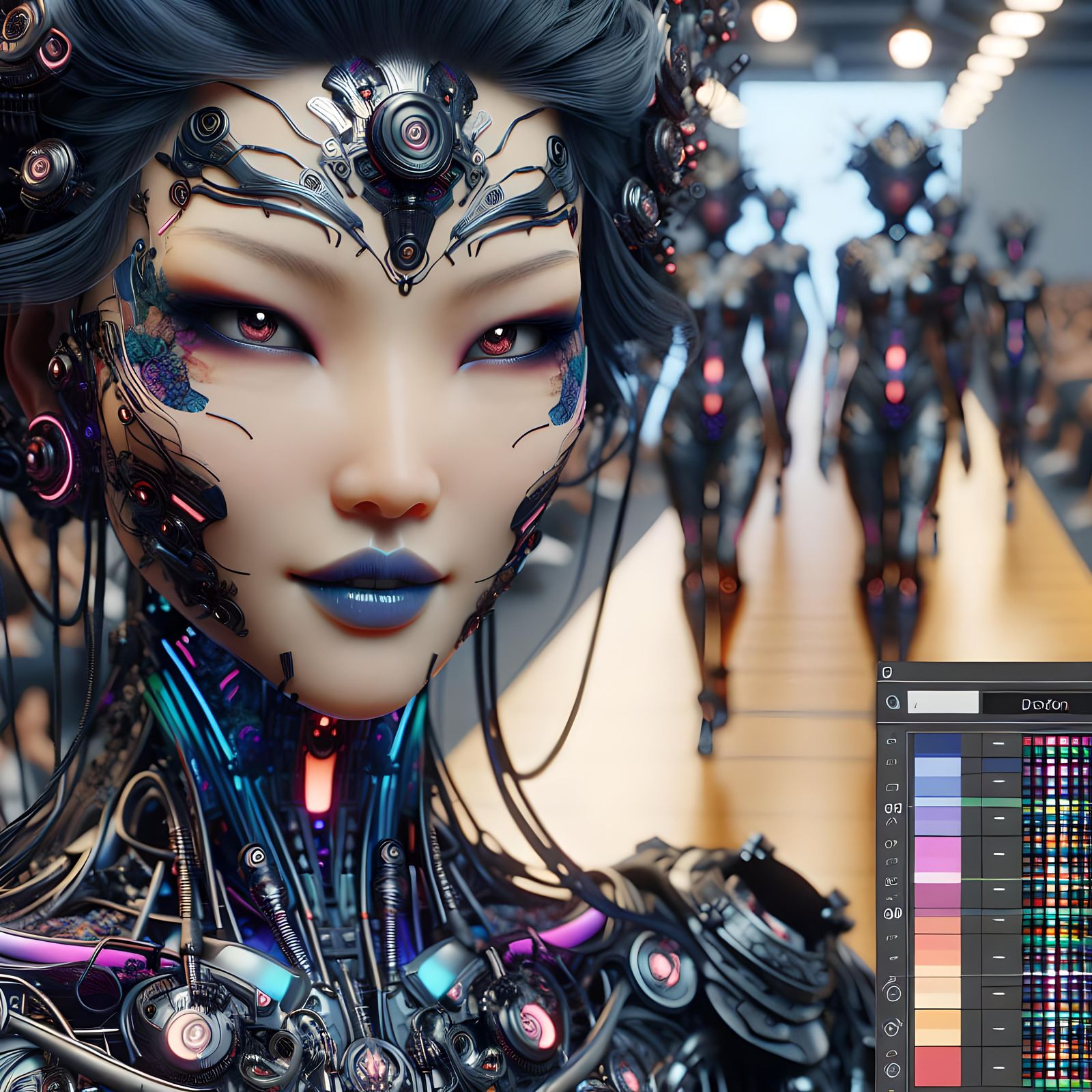 Asian Cybernetic Model on Runway in Detailed Matte Painting