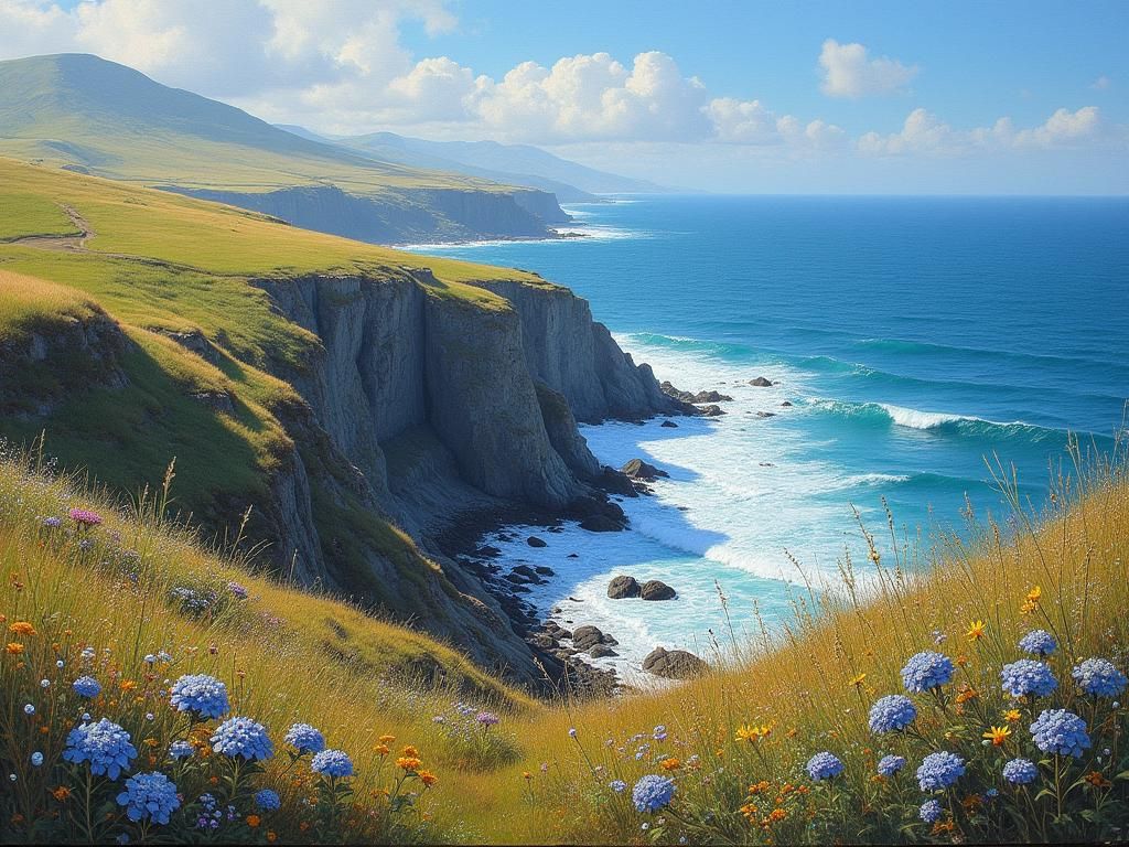Idyllic Rocky Coastline with Wildflowers Painting