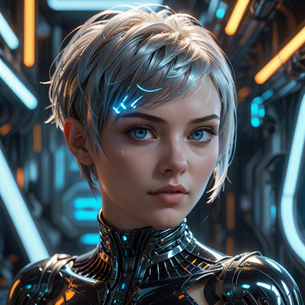 Cyberpunk Girl in Futuristic Workshop