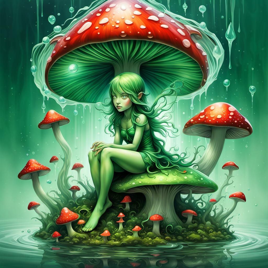 Magical Green Fairy on Mushroom in Hyperrealistic Style
