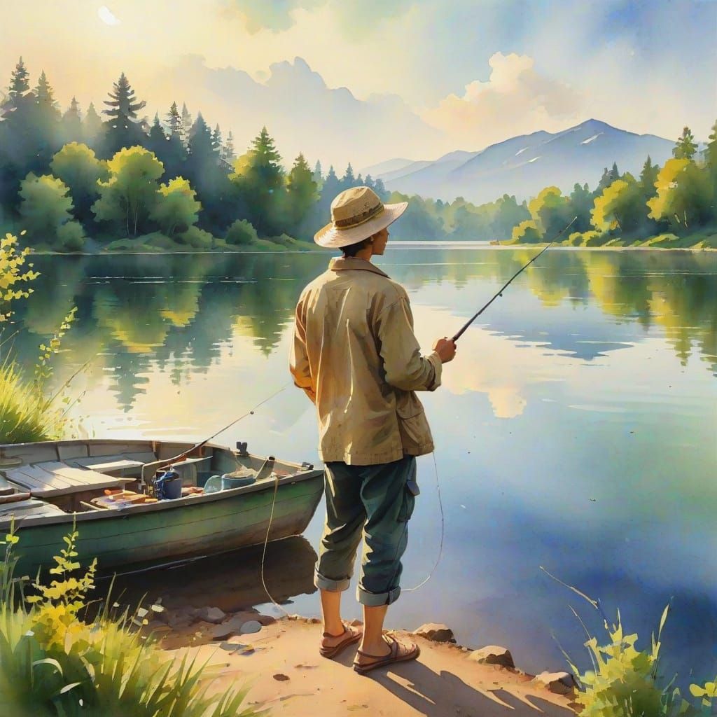 Watercolor Painting of Person Fishing at Serene Lake