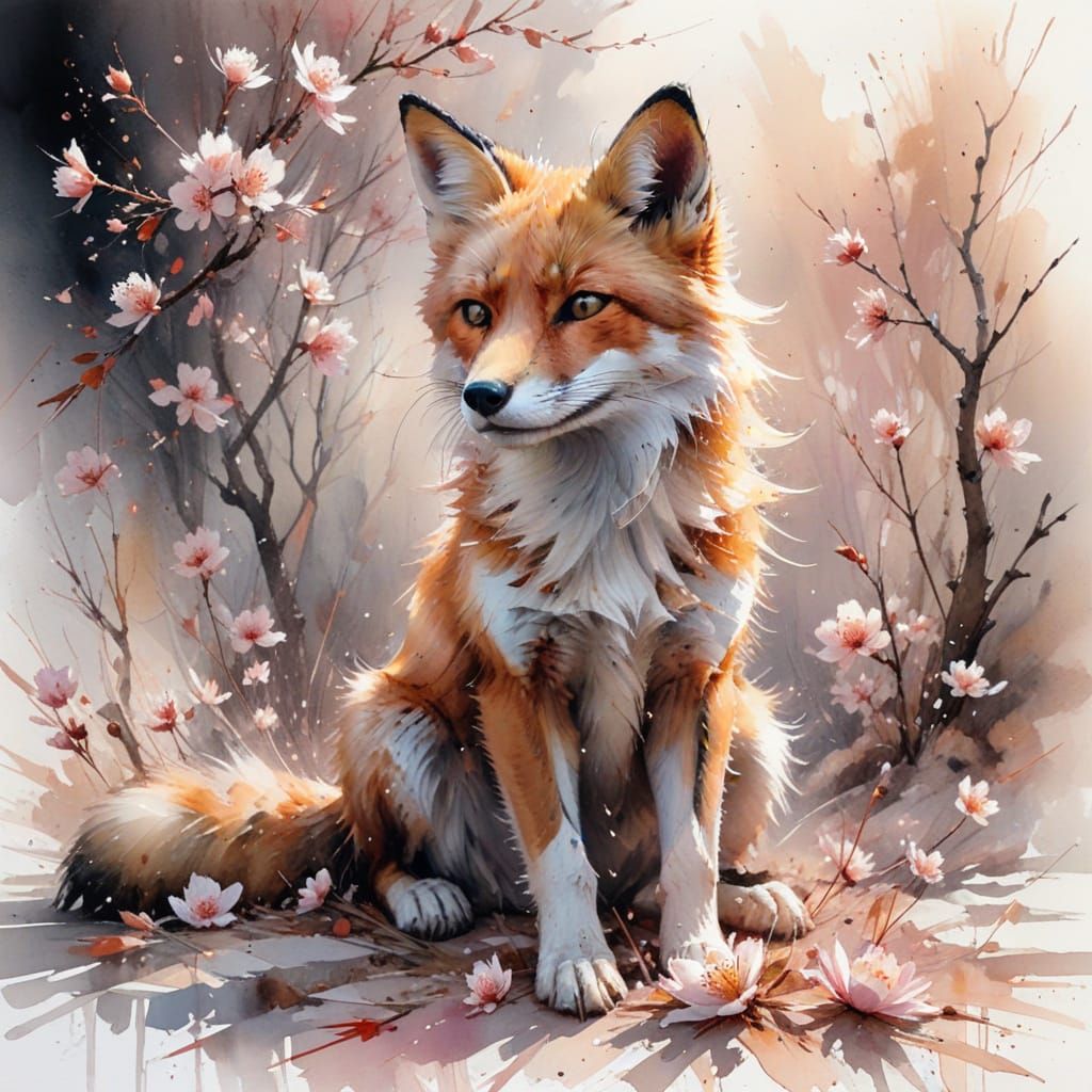 Red Fox in Cherry Blossom Grove: Hyperrealistic Art