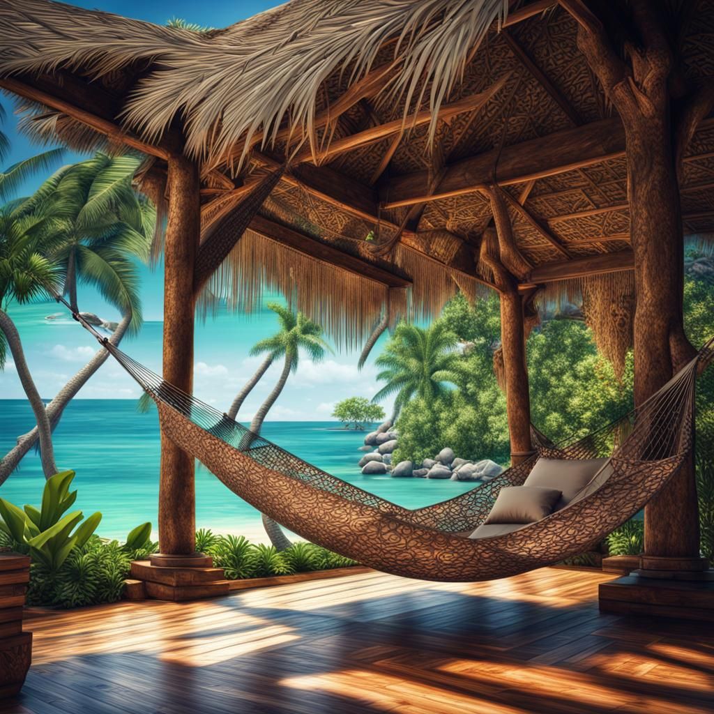 Hyperrealistic Tropical Dream Hut with Ocean View