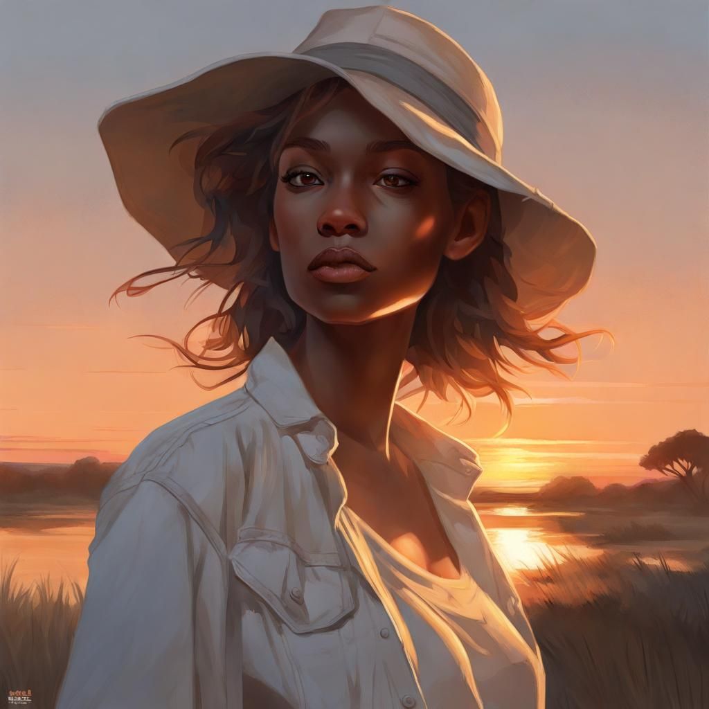 Woman in Sugarcane Field at Sunset