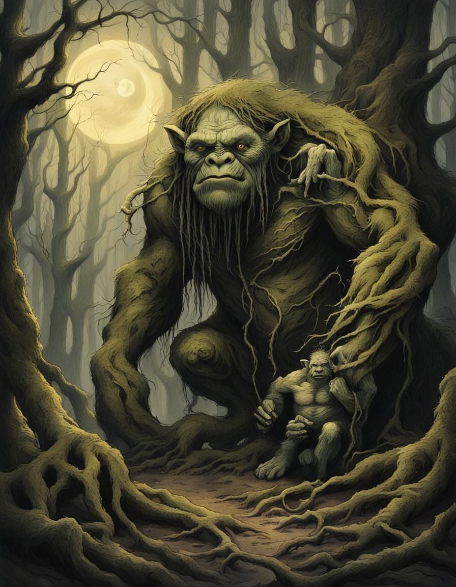 Troll in Moonlit Forest: Dark Fantasy Illustration