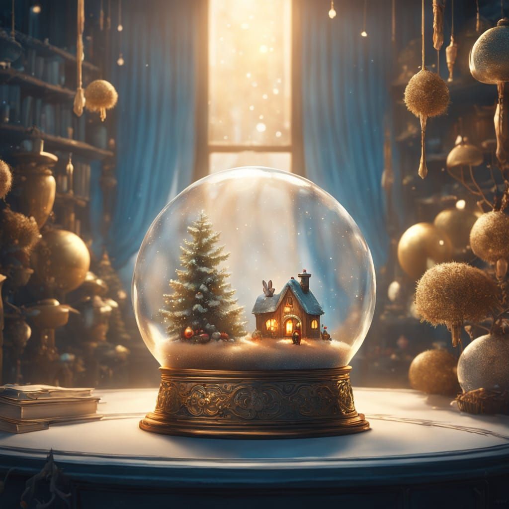 Whimsical Winter Wonderland Scene in a Golden Snowglobe