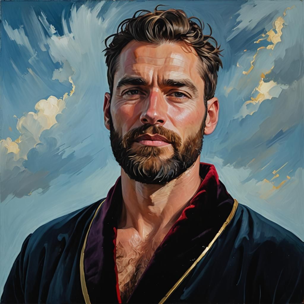 Handsome Man in Velvet Robe, Expressionist Impasto Painting