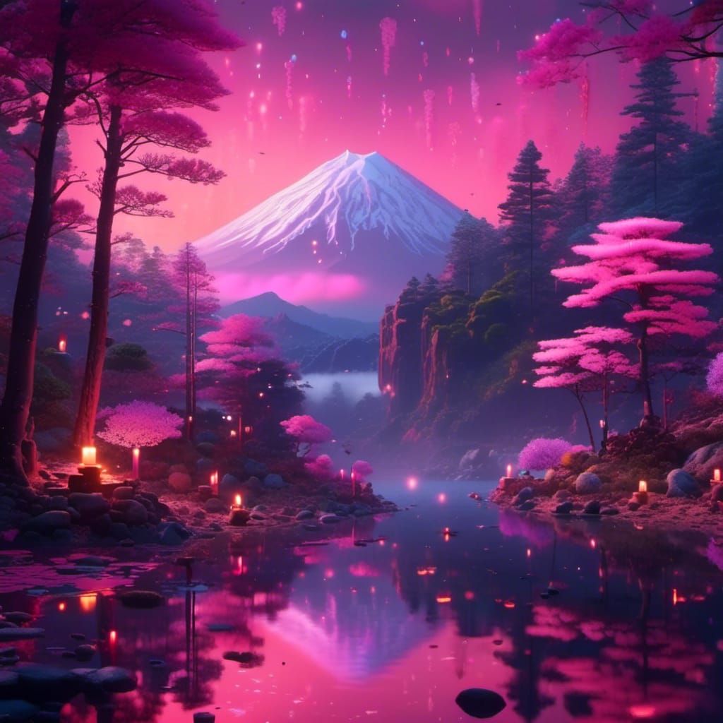 Rocky Forest Path with Sakura and Mount Fuji