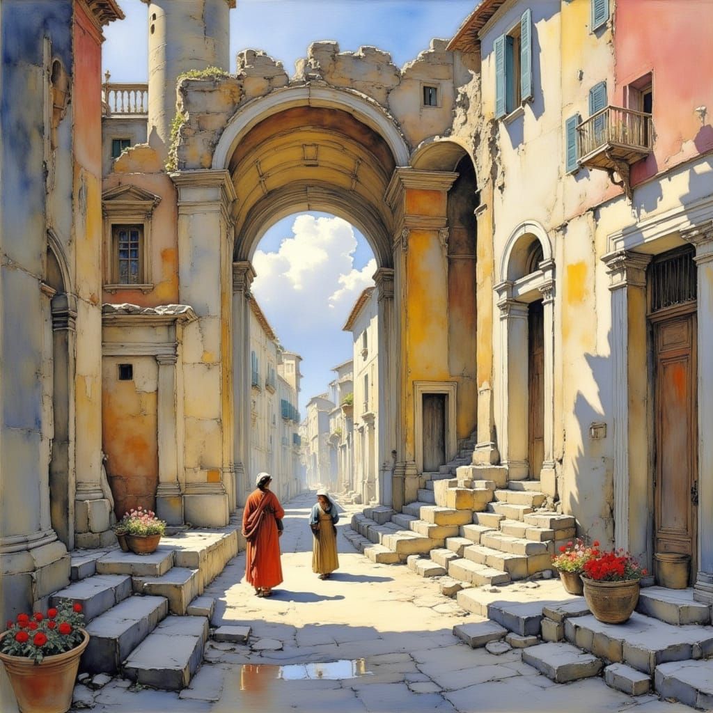 Ancient Roman Ruin in Impressionist Pastel Style