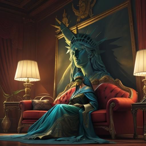 Statue of Liberty on Red Sofa: Digital Art