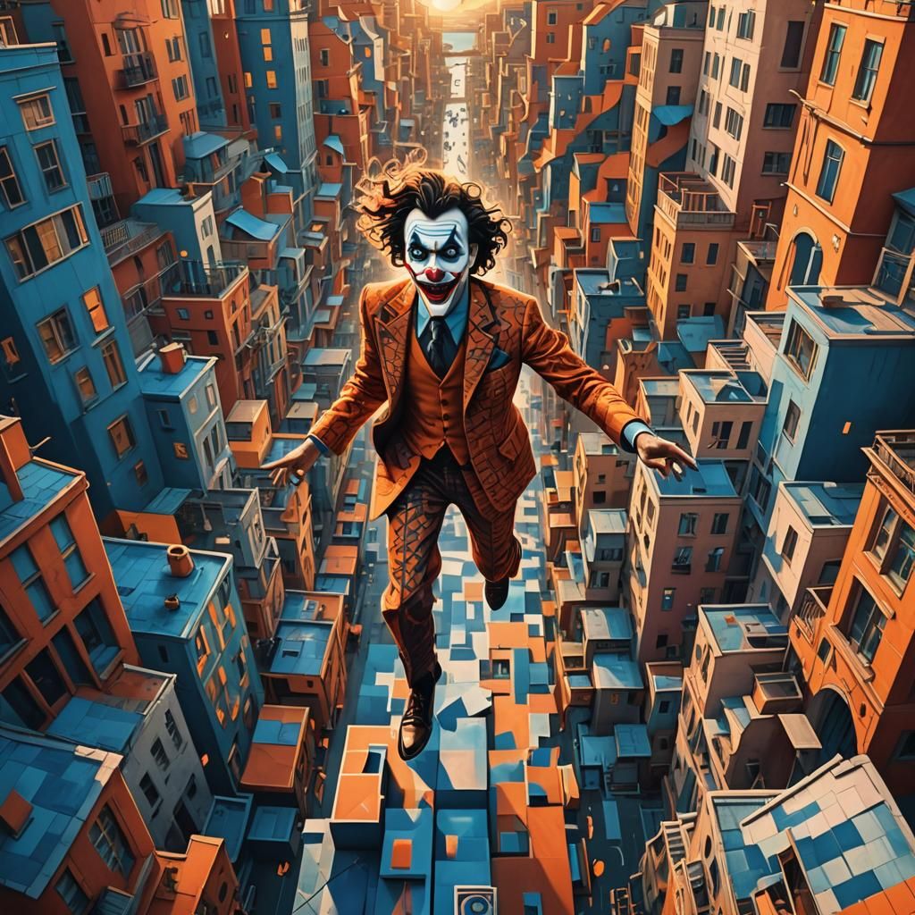 Surreal Joker in Cityscape Inspired by Escher and Dali