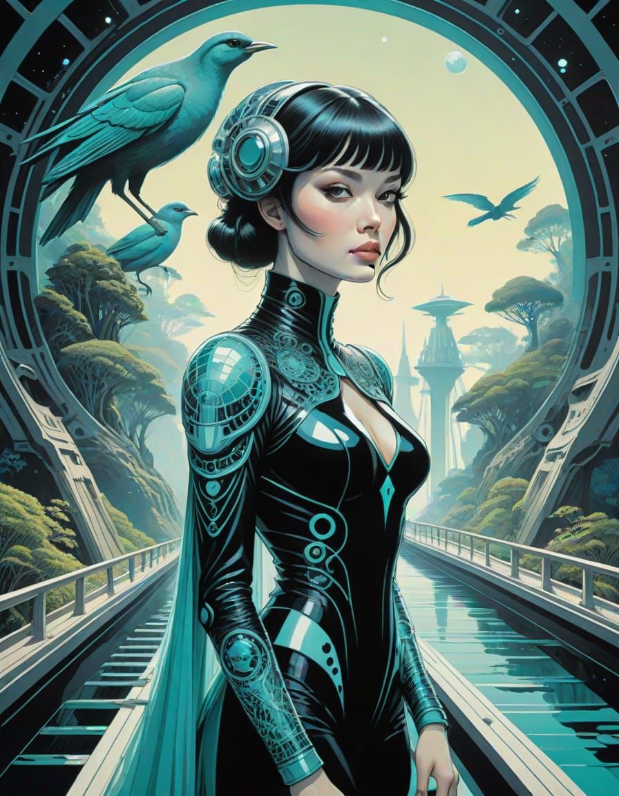 Lady on Bridge with Spaceship: Kawaii Illustration