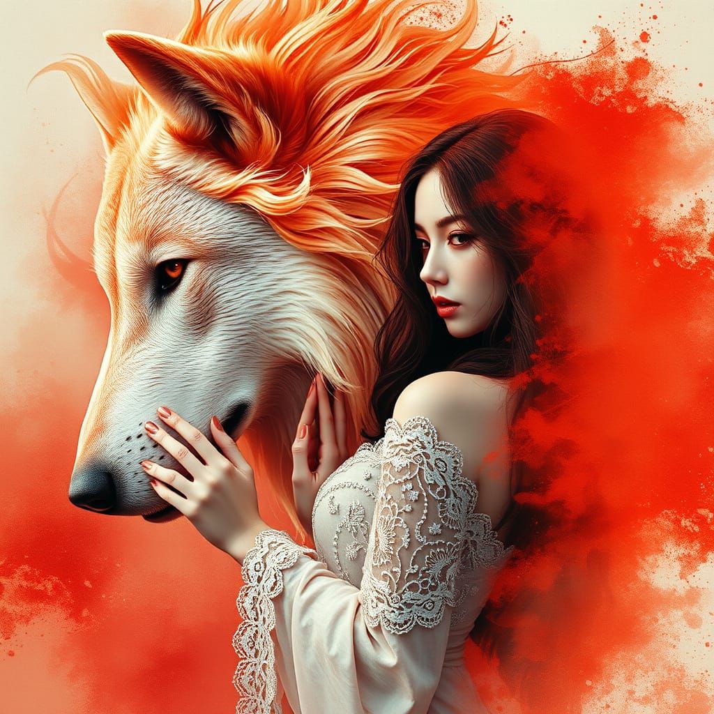 Woman and Wolf in Ethereal Monochromatic Haze