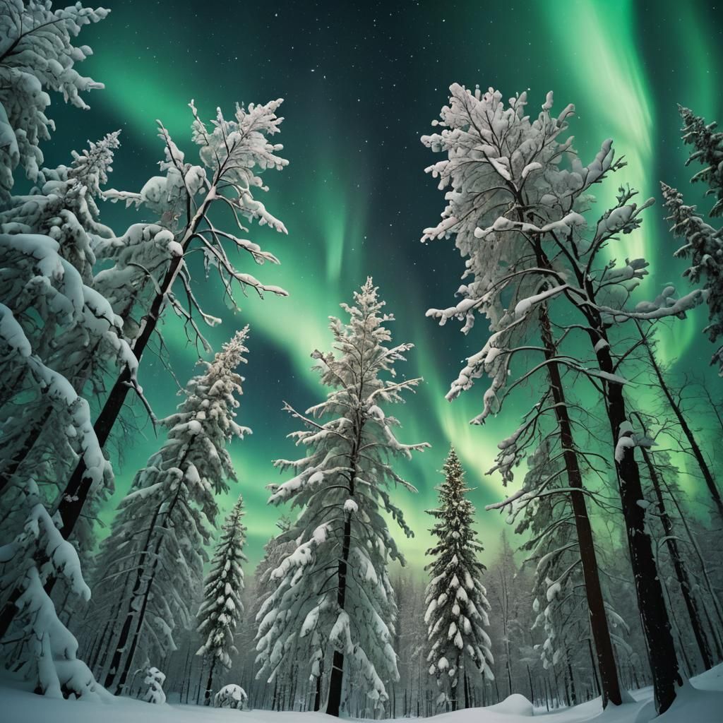 Emerald Aurora Illuminates Winter Forest Landscape
