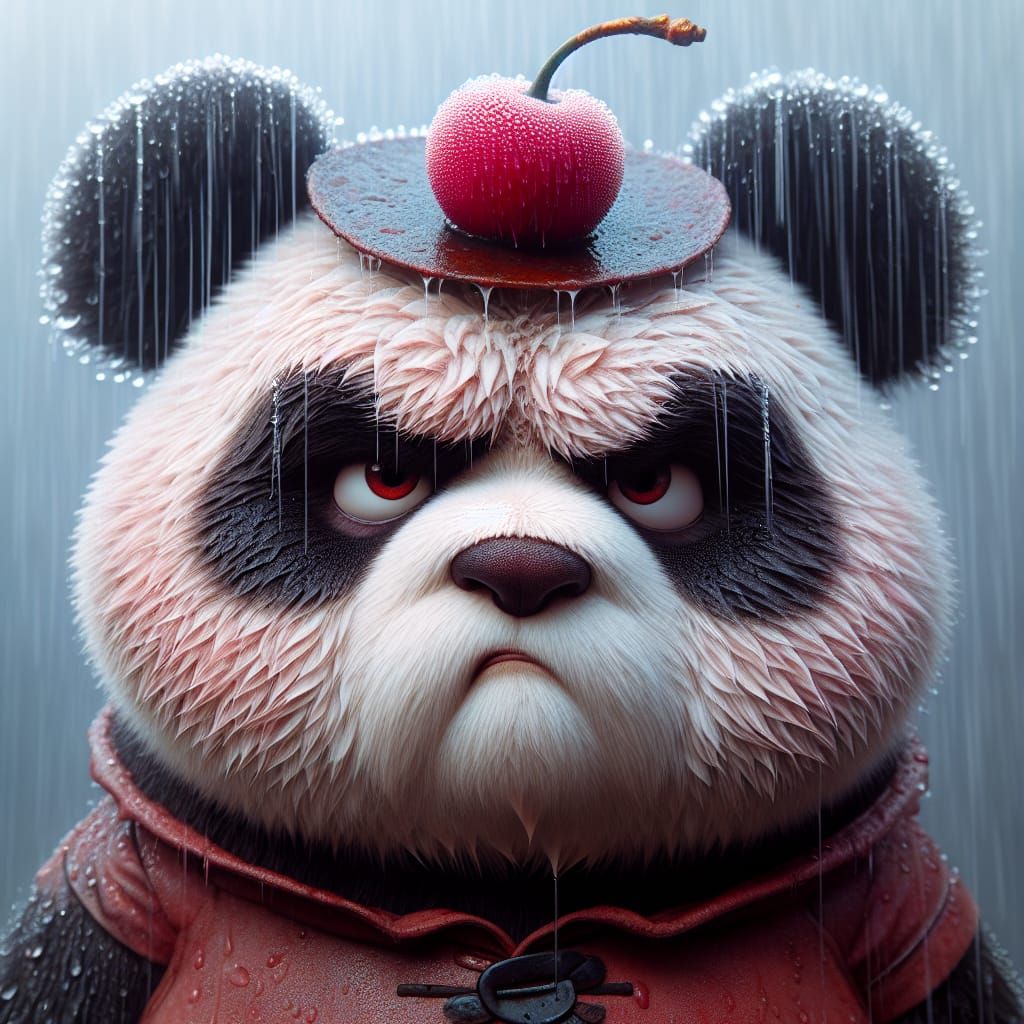 Grumpy Panda in Rain with Cherry Hat