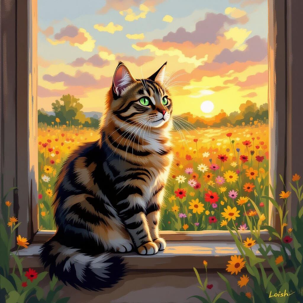 Tabby Cat Overlooking Meadow in Impressionist Style