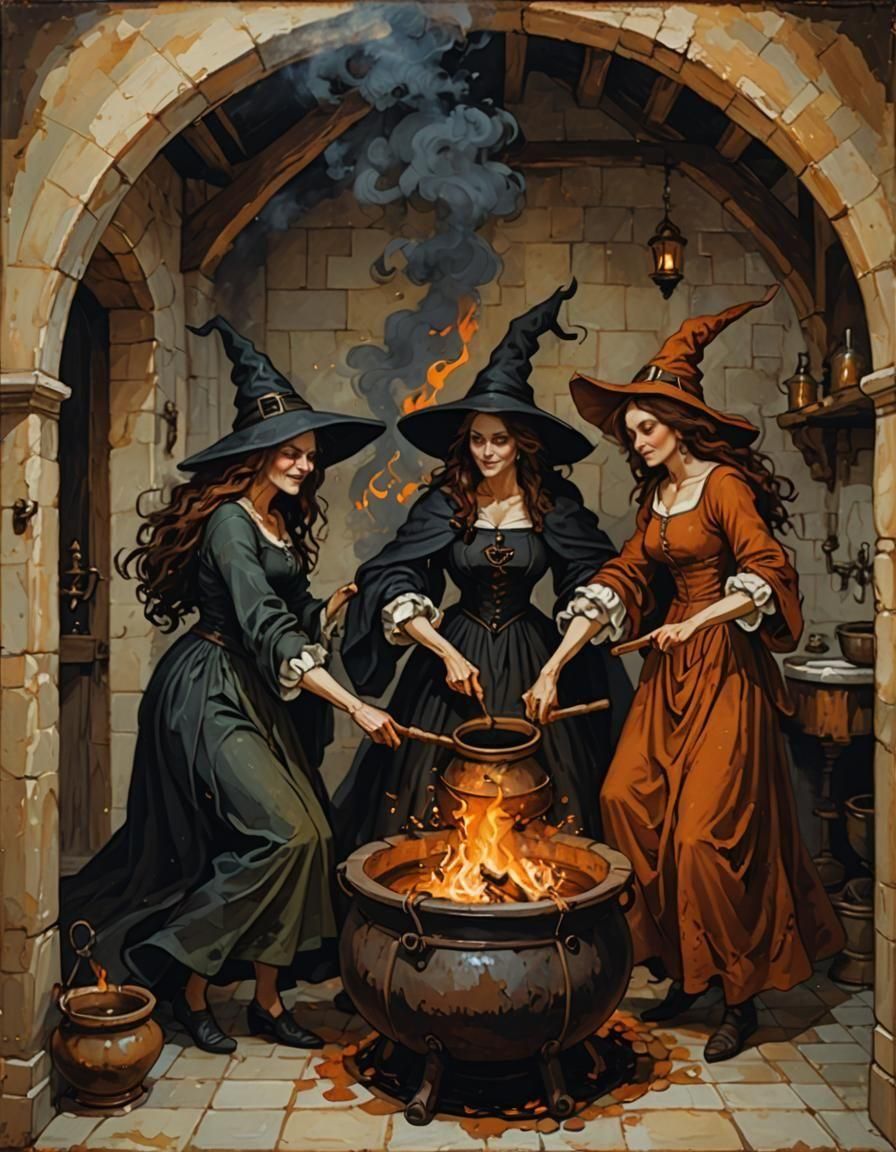 Witches Dancing Around Cauldron in Bathroom, Medieval Style