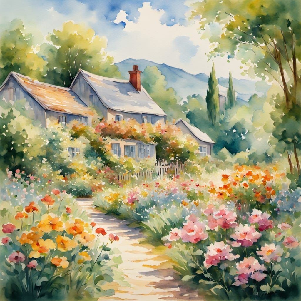 Impressionist Summer Garden Watercolor Painting