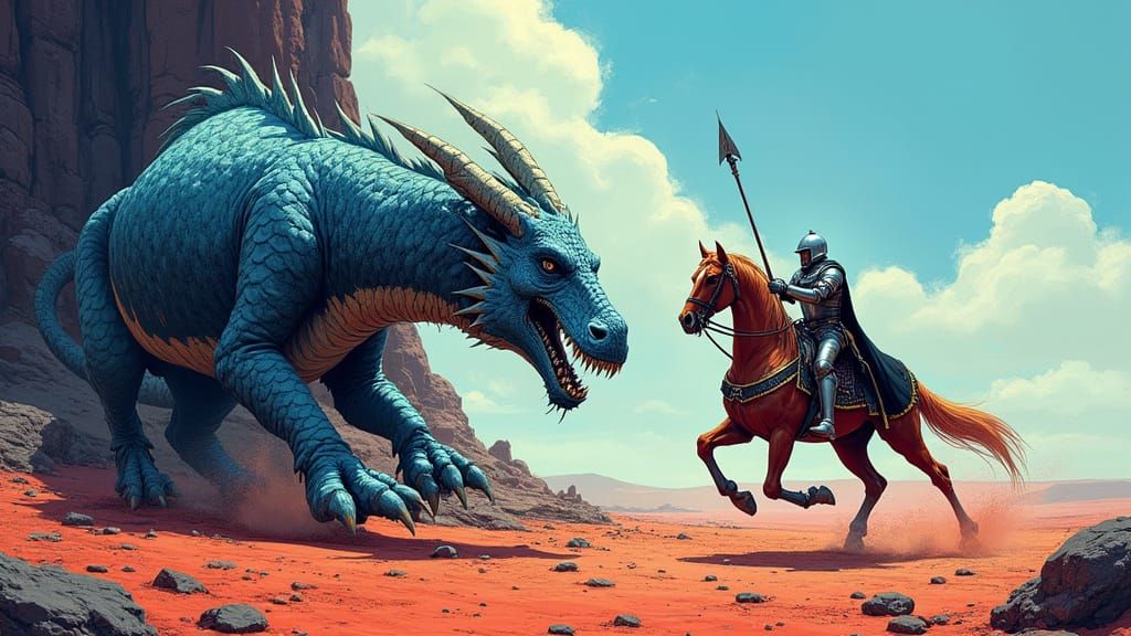 Knight and Dragon Duel in Comic Book Style