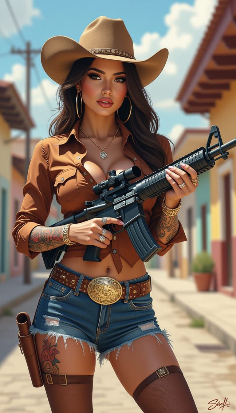Tattooed Latina Cowgirl with Rifle in Mexico, Splash Art