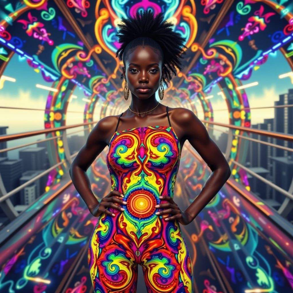 Futuristic Psychedelic Portrait of a Goddess in a City Skybr...