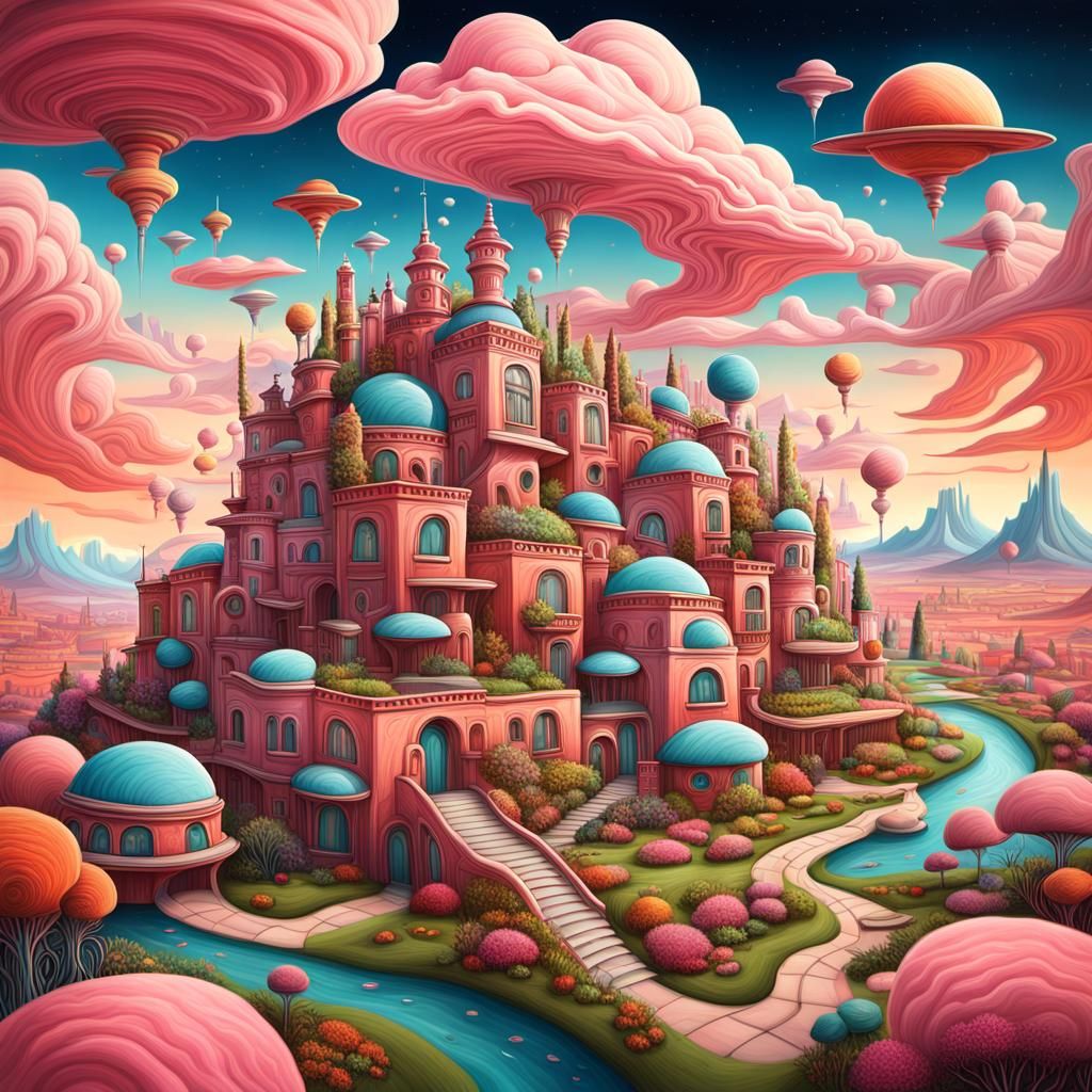 Surreal Martian Cityscape with Vibrant Garden