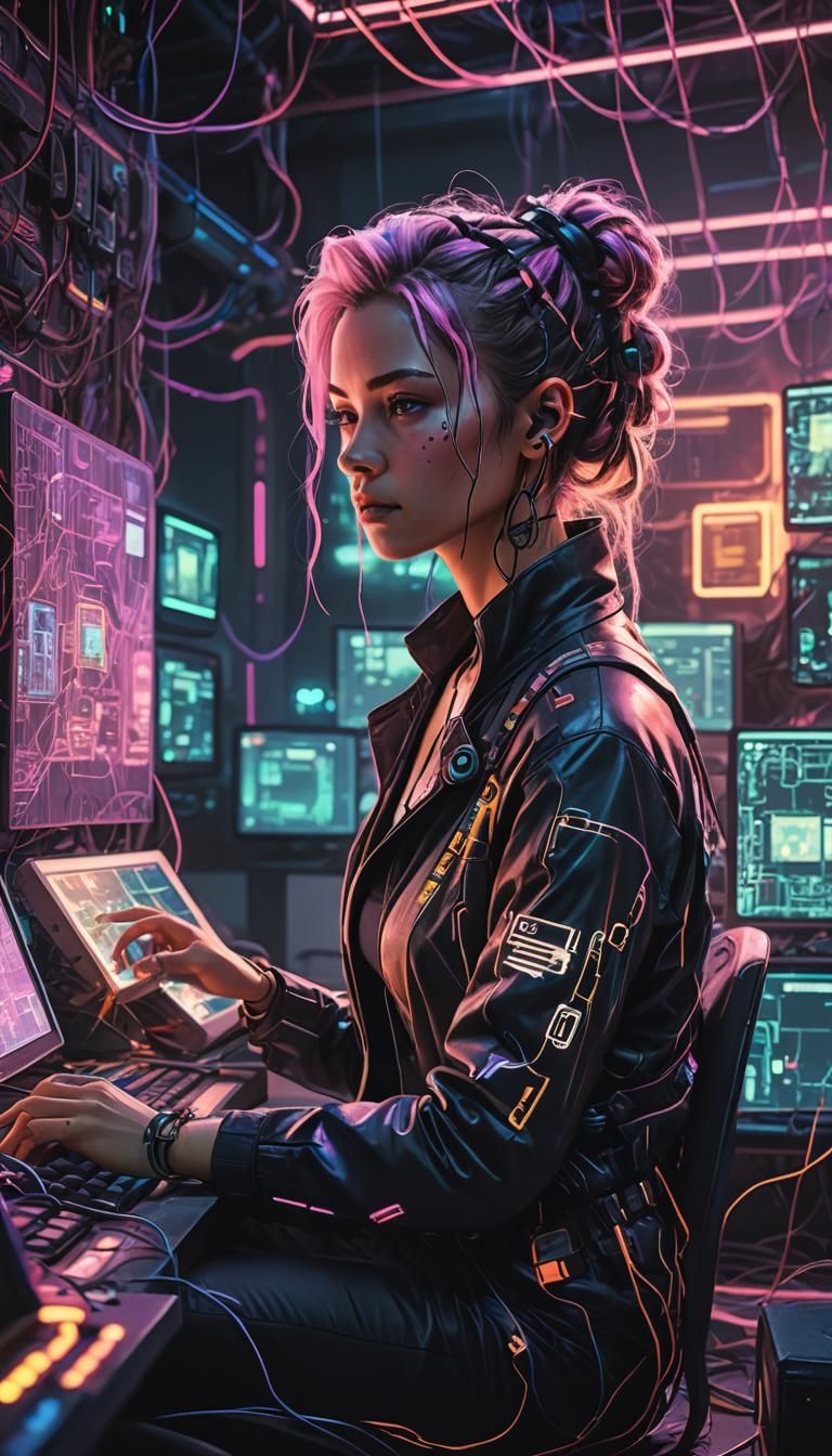 Cyberpunk Woman Working on Computer in Neon Light