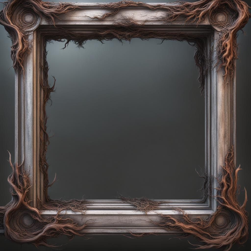 An empty rustic-style frame with transparent center, white background