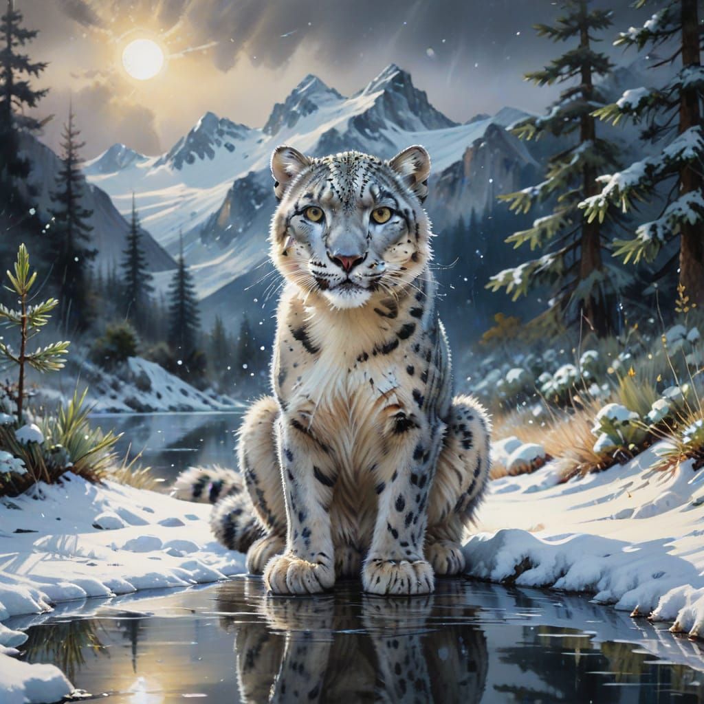 Snow Leopard by Moonlit Pool in Snowy Mountains