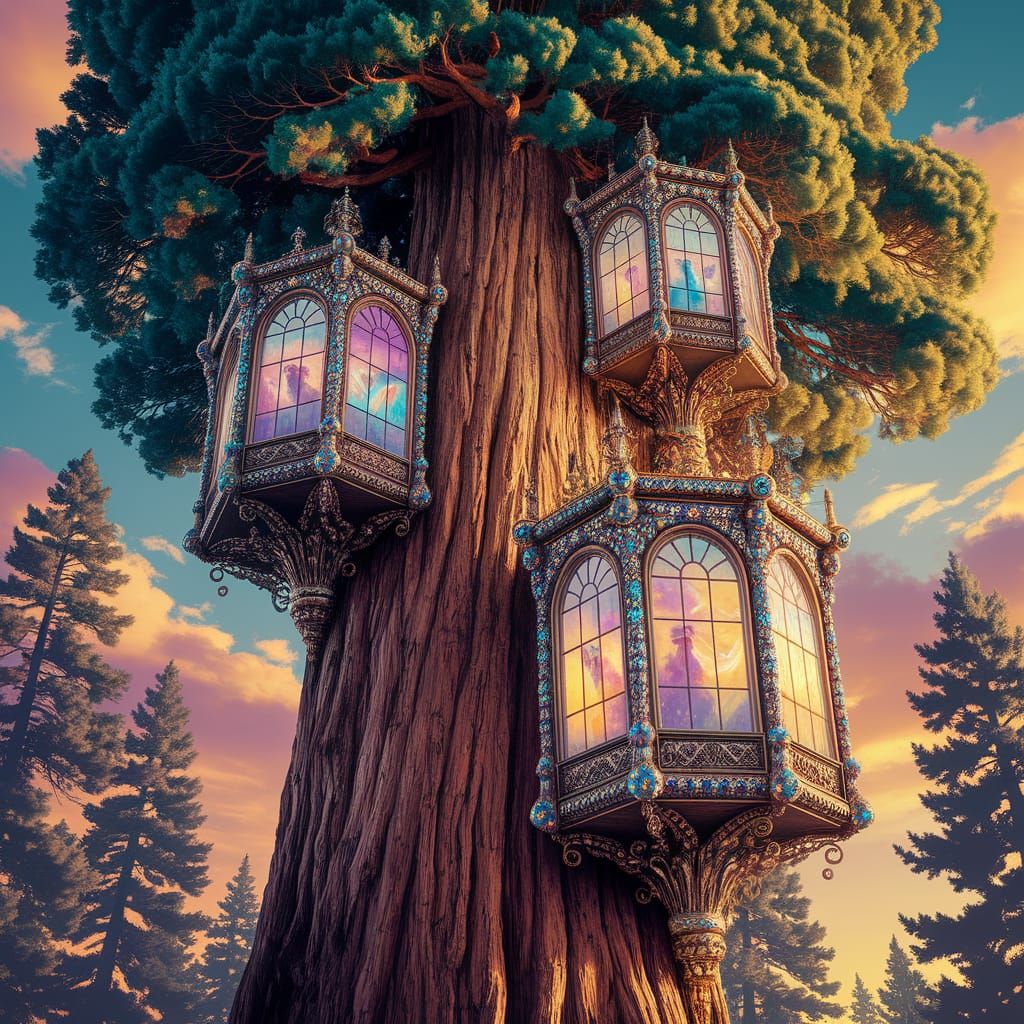 Ancient Redwood Treehouses with Angelic Splendor in Vibrant ...