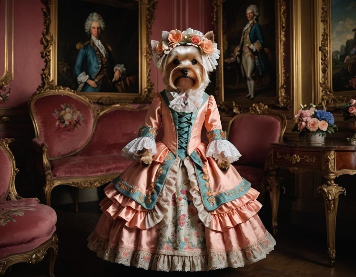 Yorkshire Terrier as Rococo Duchess in Castle