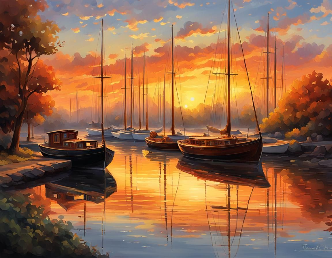 River Sunset with Dark Boat in Tranquil Realism Style